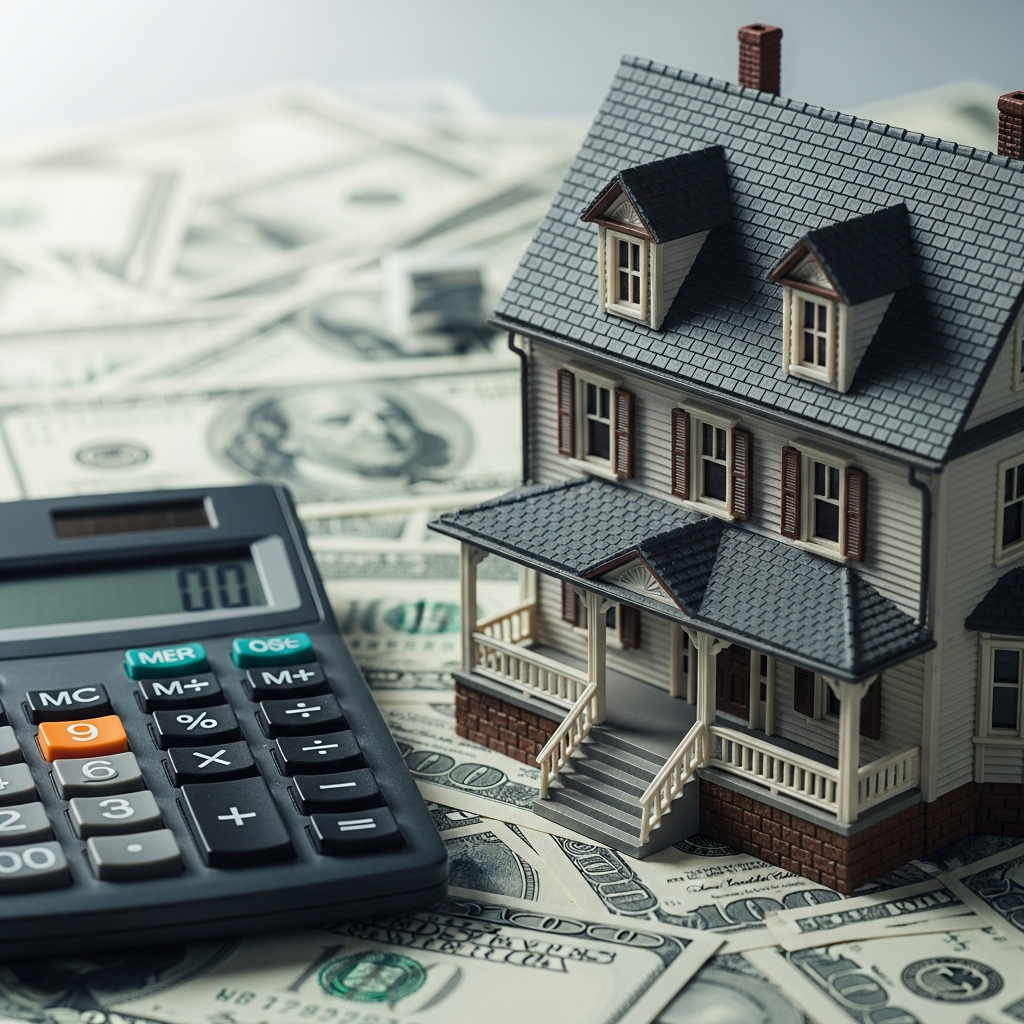 A calculator and small house model representing home affordability and mortgage calculations in Dallas-Fort Worth