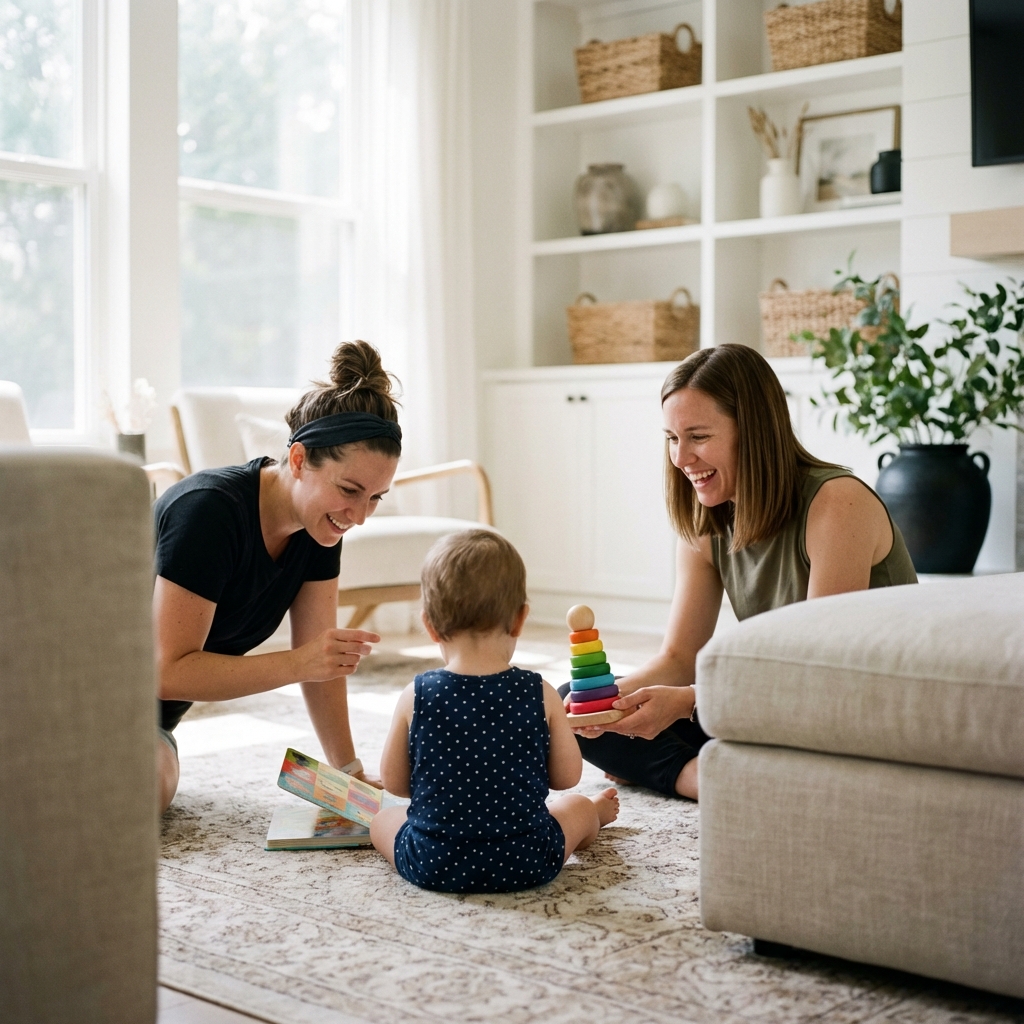 A family relaxing in their new living room after buying their first home in Dallas-Fort Worth