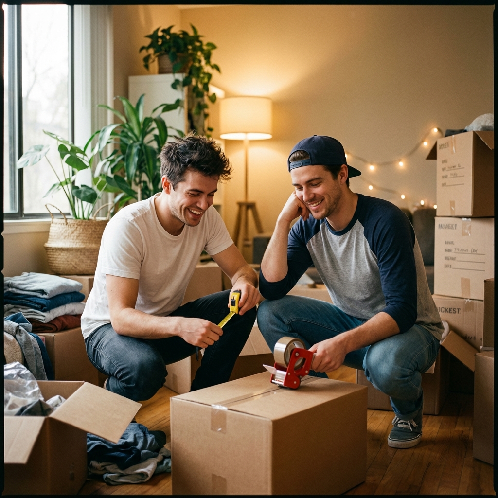 A couple packing boxes while preparing to move into their first home in Dallas-Fort Worth